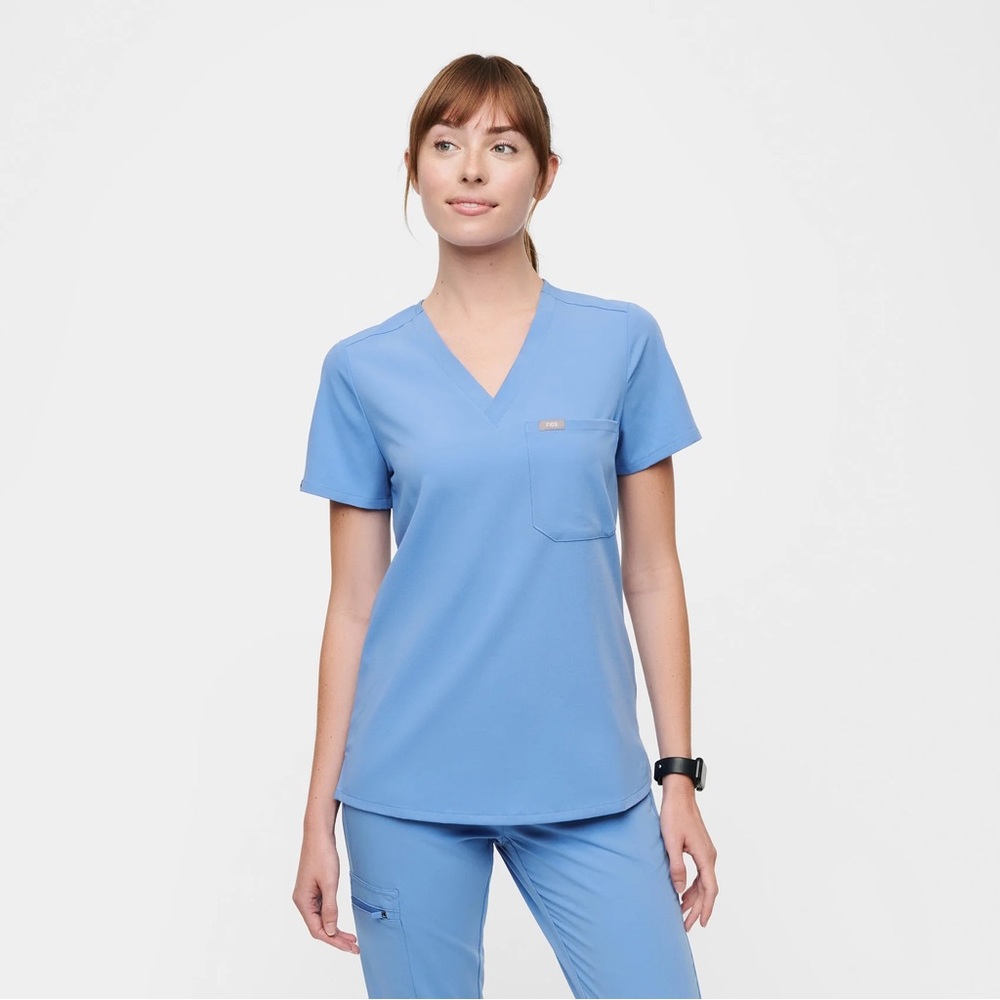 Figs One Pocket Short Sleeve Scrub Top Ceil Blue